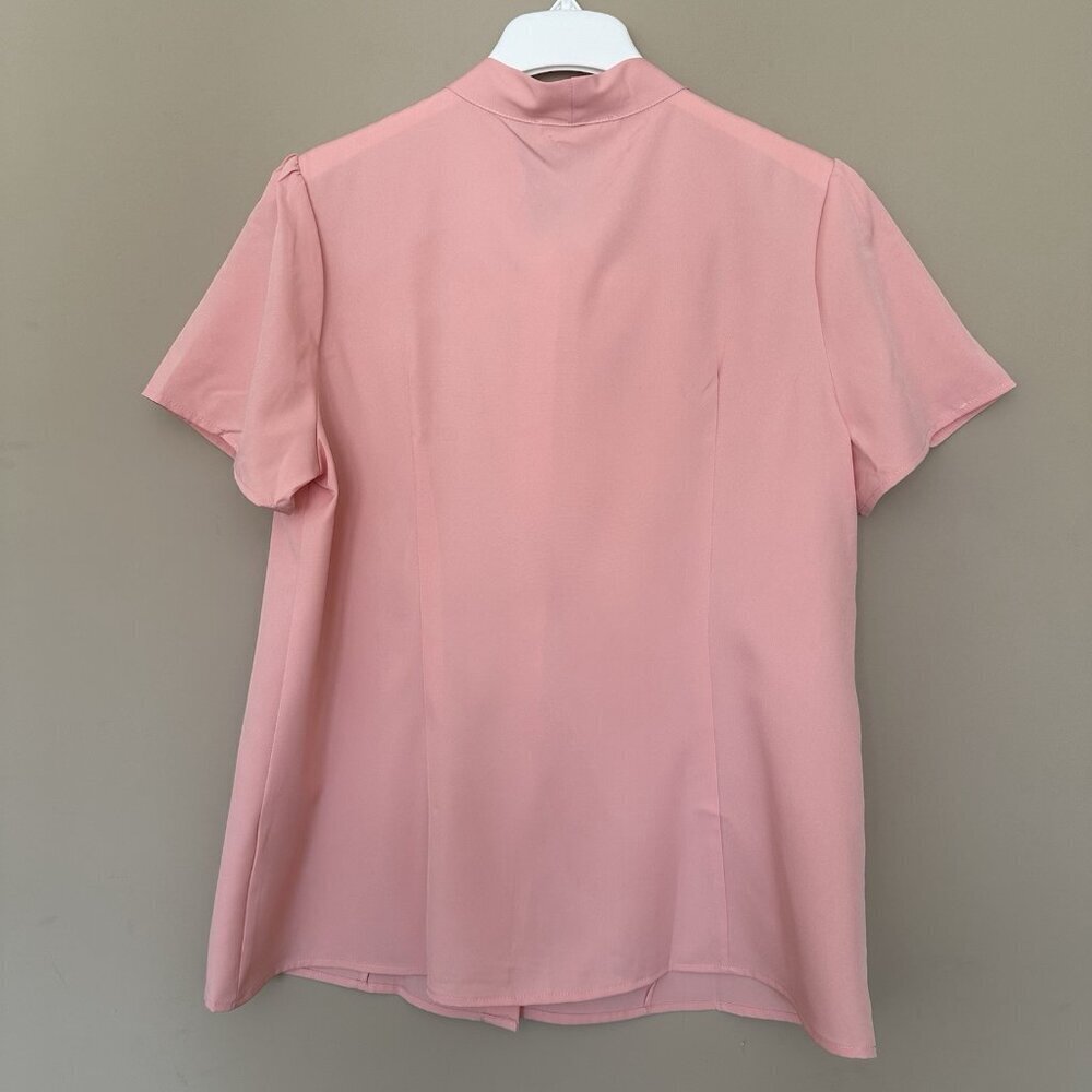 NWT Pink Office Chic Neck Bow Blouse Top Women L Button Shirt Short Sleeve - Picture 7 of 8